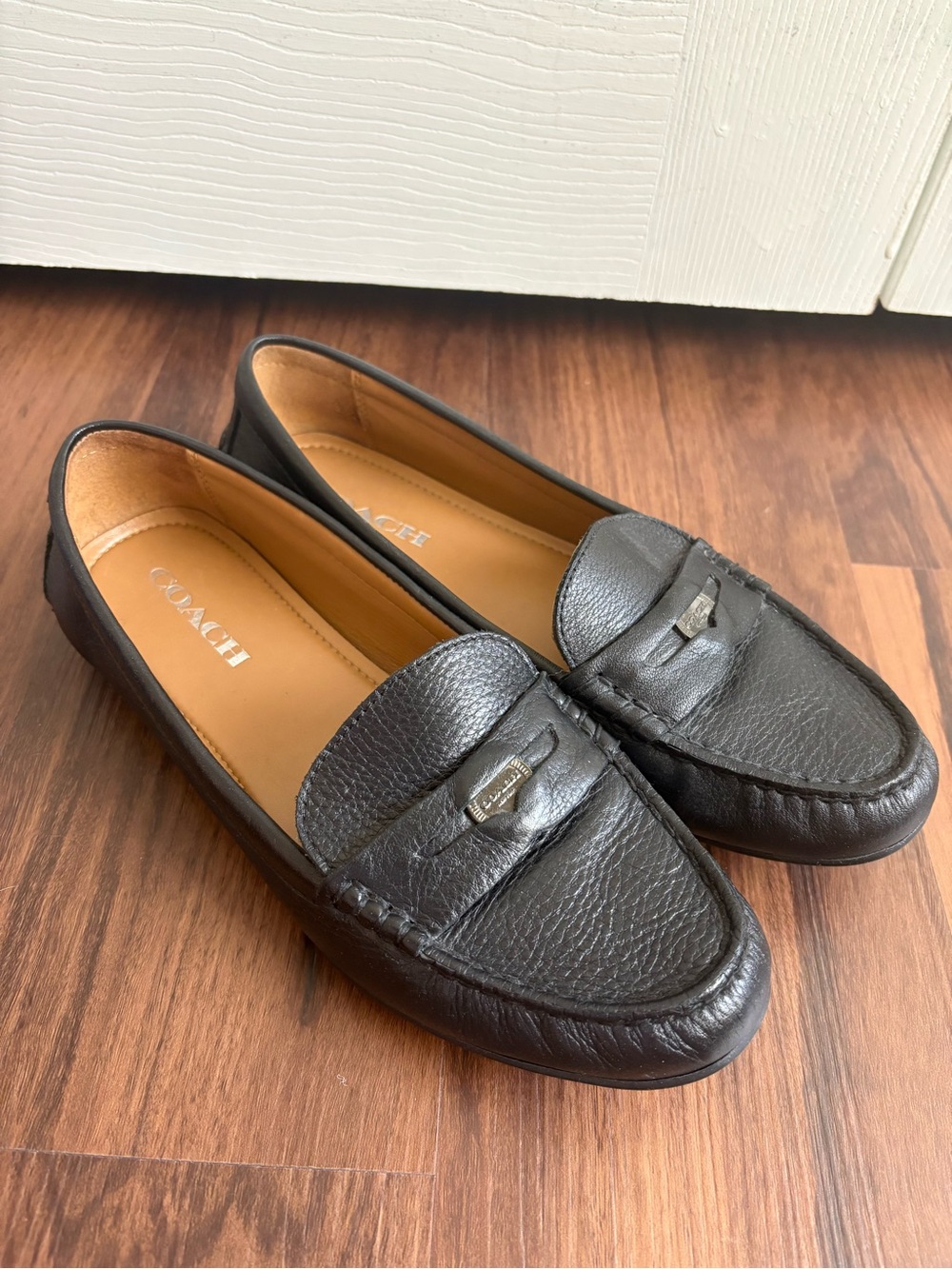 Coach Black Leather Penny Loafers with Silver Accent